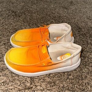 Hey Dude Orange and White Shoes see pics, black marks